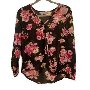 Cupid's Diary Womens Sz L Black  Floral Long Sleeve Blouse